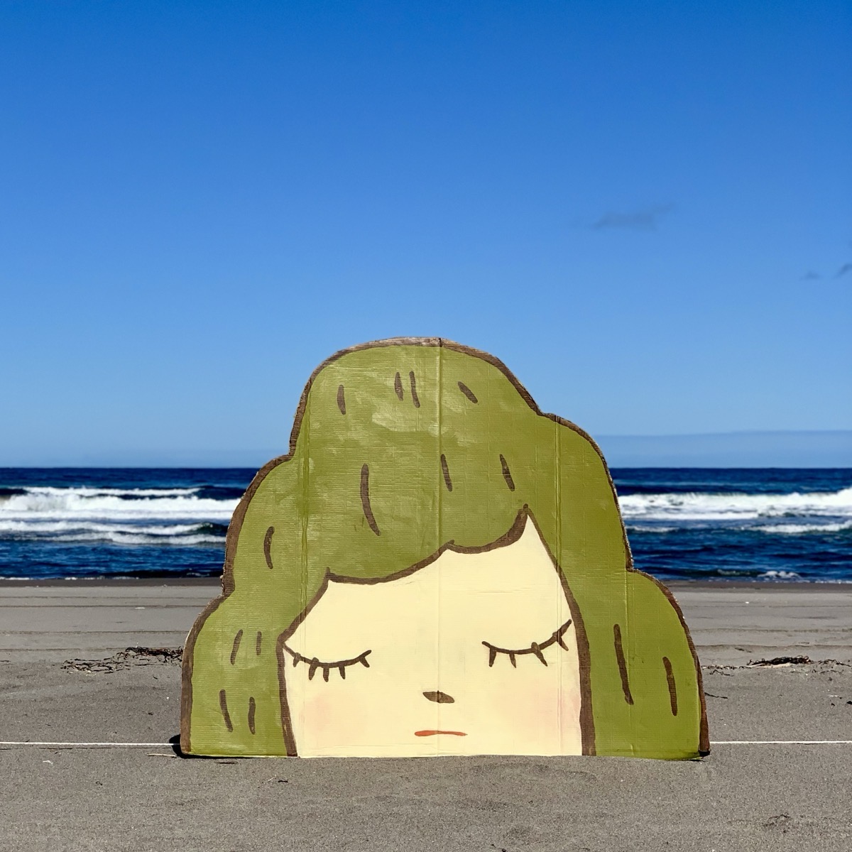 段ボールに描いた作品と北海道の風景を写真に収めた《旅する山子》